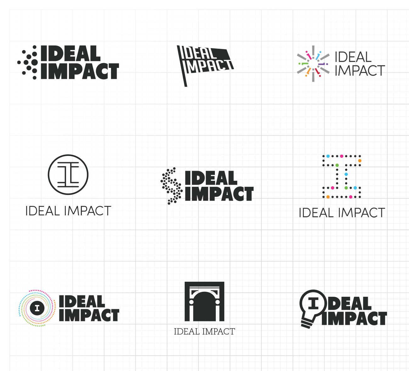 Grid of initial logo concepts